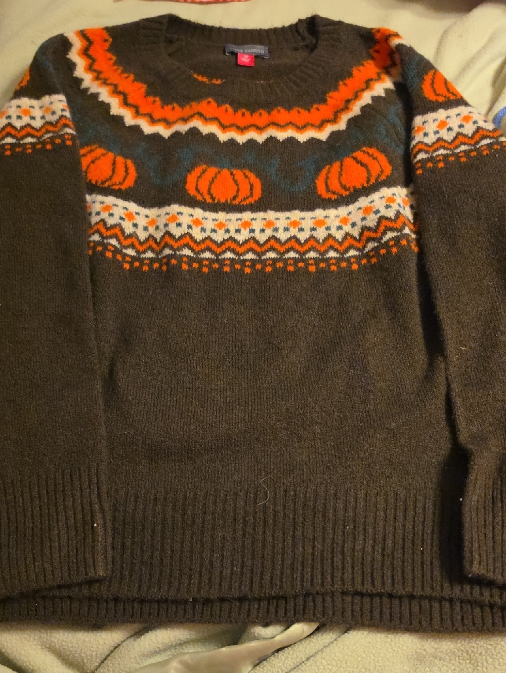 Vince Camuto Brown Crewneck Sweater with Orange and White Fair Isle Pumpkins